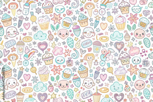 Pastel cute doodle pattern background of food and objects