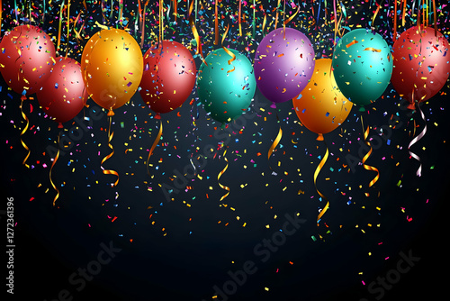 Party template with balloons, streamers, and confetti isolated on a transparent background