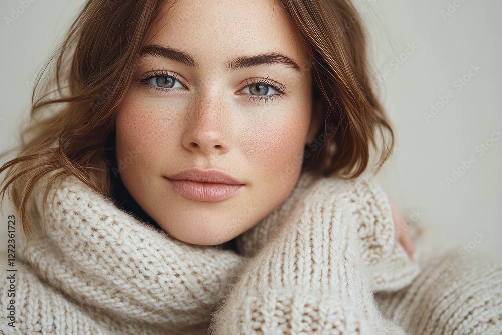 Young Beautiful Woman Smiling in a Cozy Knitted Sweater Against a Beige Background Young Beautiful Woman Smiling in a Cozy Knitted Sweater Against a Beige Background