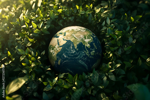 Planet Earth surrounded by green foliage and sunlight emphasizing conservation and sustainable practices