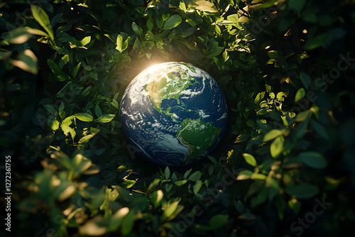 Planet Earth surrounded by green foliage and sunlight emphasizing conservation and sustainable practices