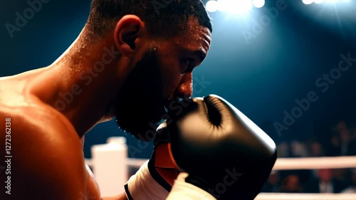 Professional boxers fighting fiercely, delivering powerful blows, showcasing intense athletic prowess and competitive spirit inside boxing ring