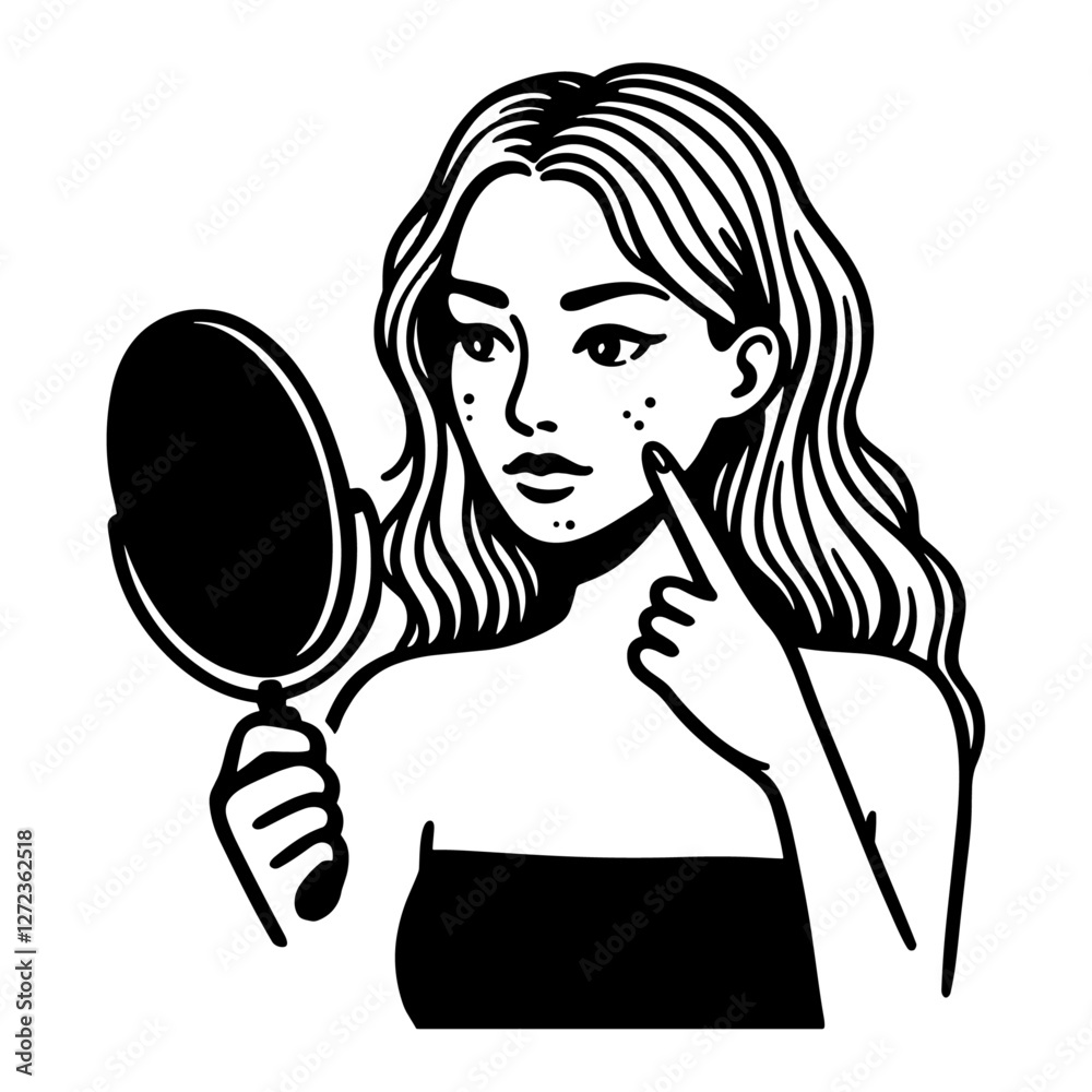 woman with acne looking at her reflection in the mirror sketch woman with acne looking at her reflection in the mirror sketch