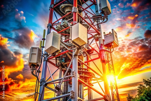 Macro Detail of 5G Cellular Tower: Cables, Antennae, and Infrastructure photo