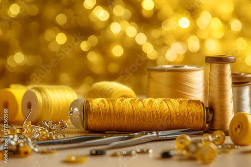 Gleaming threads, A golden atelier of sewing tools and spools bathed in ethereal light for creative pursuits and textile craftsmanship