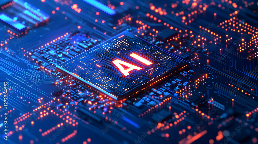 Illuminating artificial intelligence, A cutting-edge conceptual visualization of AI on a complex circuit board, highlighting advanced technology Illuminating artificial intelligence, A cutting-edge conceptual visualization of AI on a complex circuit board, highlighting advanced technology
