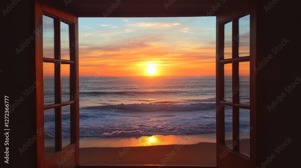 Fototapeta premium Ocean Sunset Viewed From Open Wooden Window
