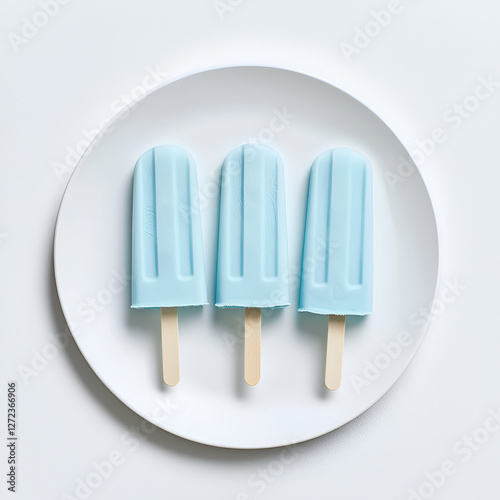 Three light blue ice pops on a white plate, perfect for a summer treat on a bright, sunny day.