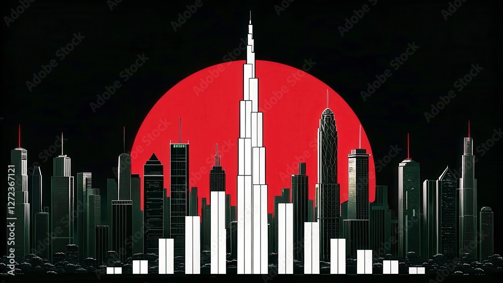 Obraz premium Futuristic City Skyline at Night with Red Sun