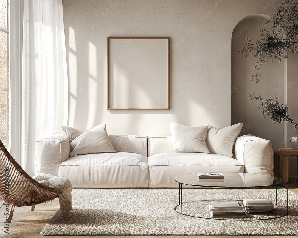 Fototapeta premium Mockup Poster Frame in Minimalistic Living Room with Scandinavian Design Luxurious Apartment