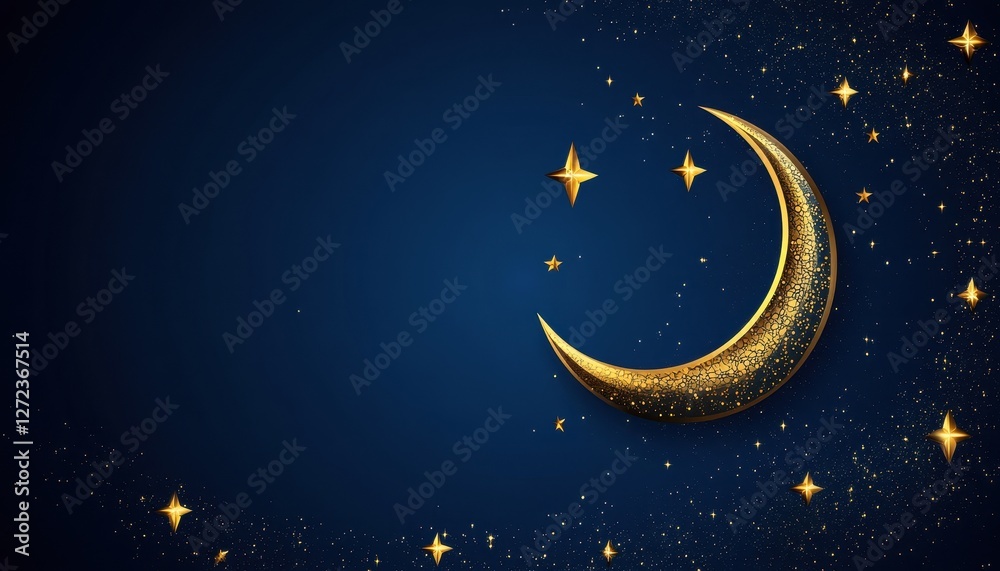 Naklejka premium Gold Crescent Moon and Stars on Dark Blue Night Sky Background