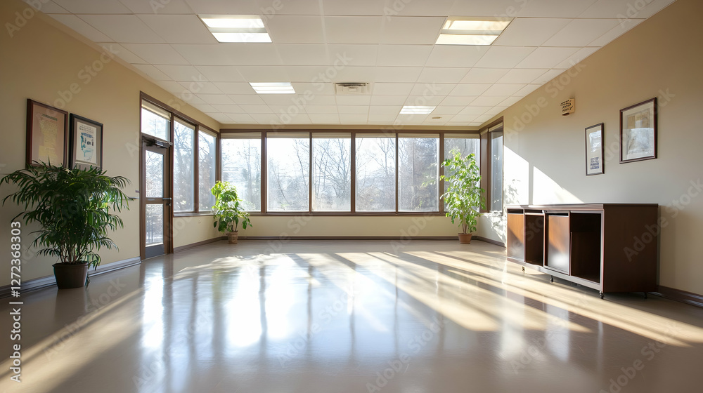 Fototapeta premium Spacious Office with Large Windows and Bright Lighting