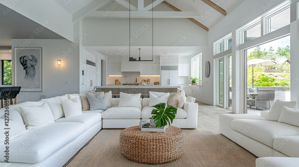 Fototapeta premium Spacious open-plan living room with white sofa and clean modern design