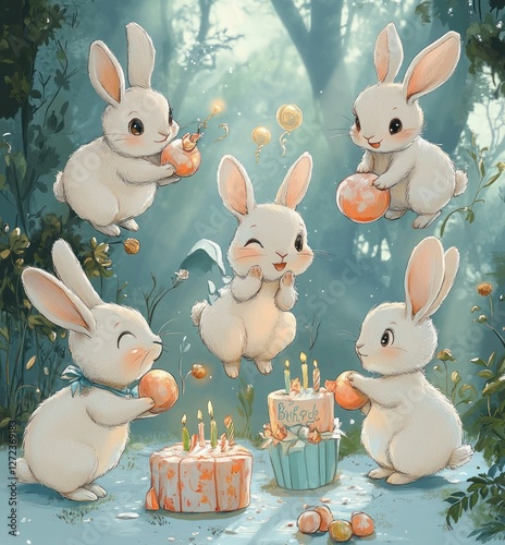 Whimsical Cute Bunnies Birthday Celebration in Soft Watercolor Pastel Colors photo