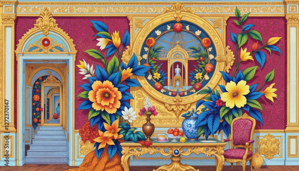 Fototapeta premium Vibrant Floral Wallpaper in a Regal Setting