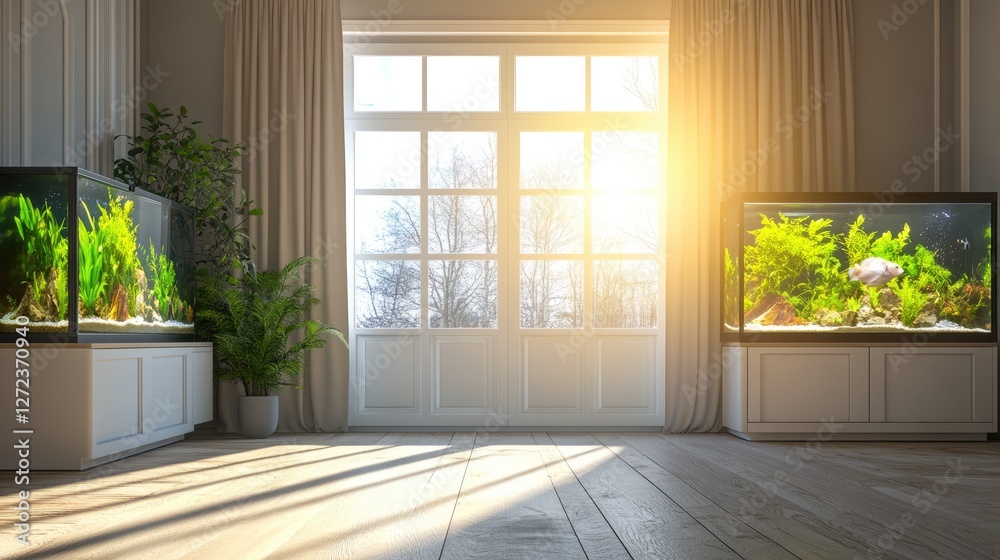Fototapeta premium A bright and airy living room with a well-placed fish tank positioned diagonally across the door