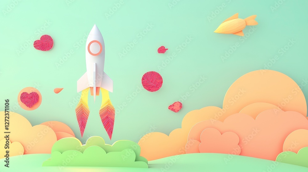3D rendered rocket launch in pastel sky background for children?s illustration