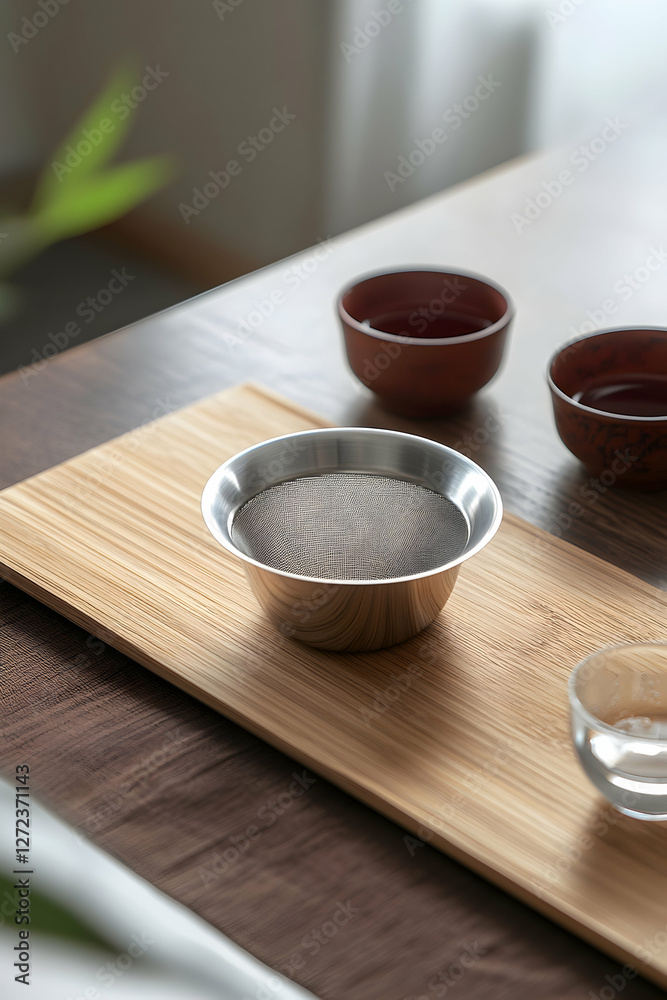 Serene tea preparation, Close-up of metal tea strainer, earthen cups, and glass cup on a light wooden tray capturing the art of tea ceremony Serene tea preparation, Close-up of metal tea strainer, earthen cups, and glass cup on a light wooden tray capturing the art of tea ceremony