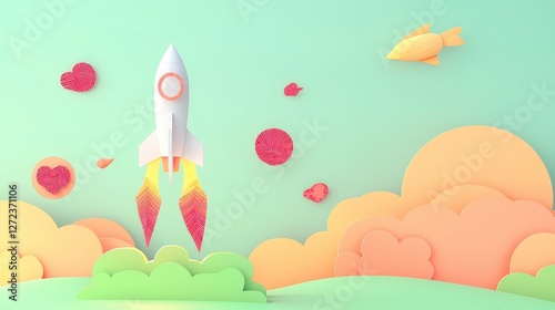 Obraz na płótnie 3D rendered rocket launch in pastel sky background for children?s illustration w salonie