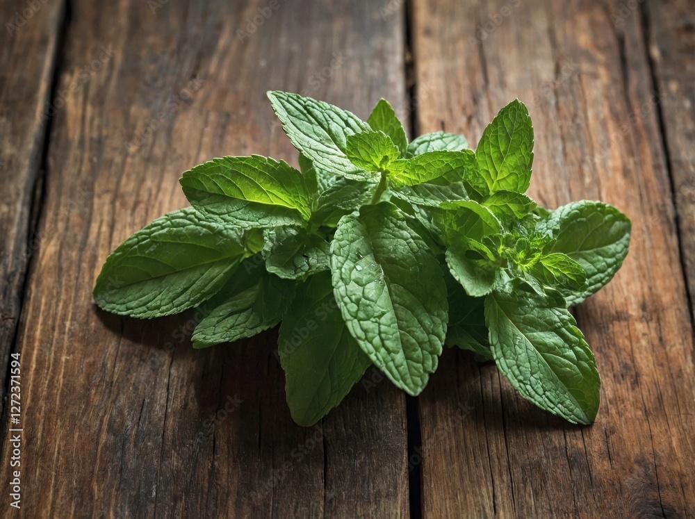 A fresh bunch of vibrant green mint leaves sits on a rustic wooden surface. A fresh bunch of vibrant green mint leaves sits on a rustic wooden surface.