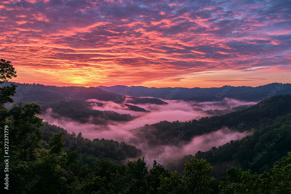 Fototapeta premium Stunning sunrise over misty mountains with a colorful sky