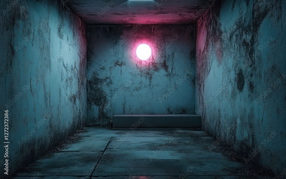 Abandoned Grunge Room with Neon Light and Creepy Atmosphere for Halloween Background