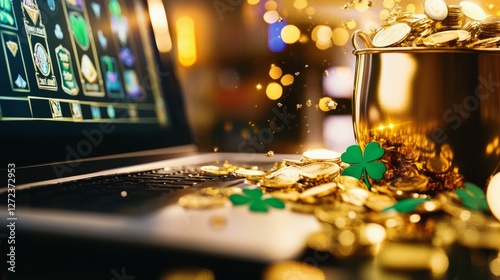  Online casino fortune with St. Patrick's Day luck and golden treasure on laptop screen