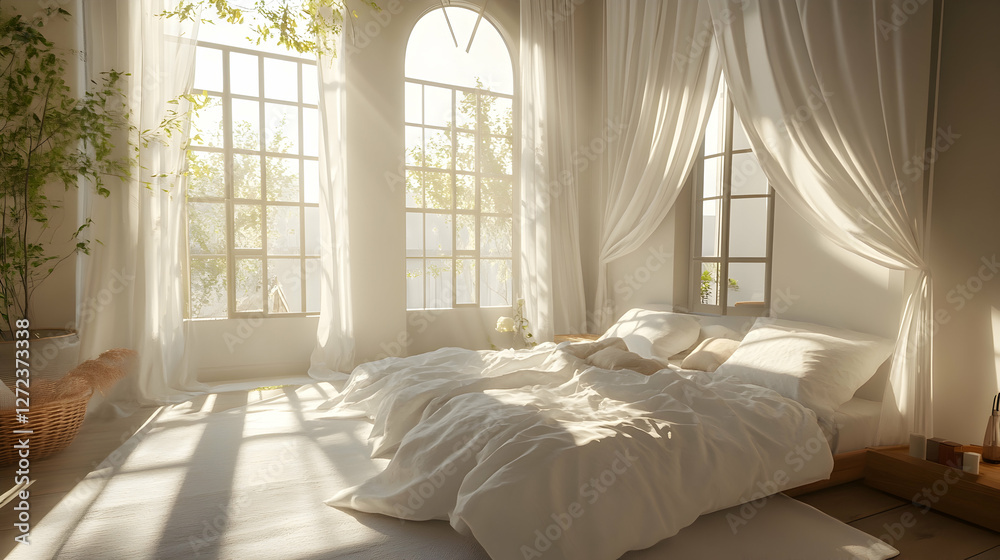 Fototapeta premium Sunlit white bedroom with airy curtains and a cozy bed setup