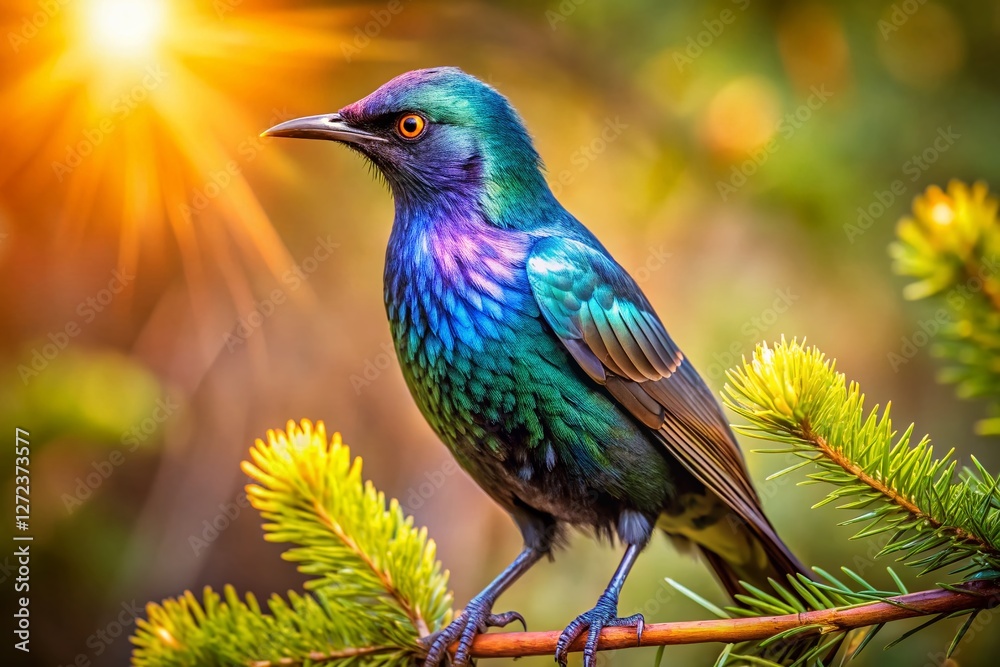 Macro Photography: Metallic Starling on Pine Branch in Forest Macro Photography: Metallic Starling on Pine Branch in Forest