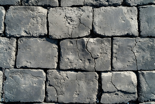 Textured wall constructed of aged grey blocks exhibiting wear and minor cracks, offering a rustic, solid background for various creative designs