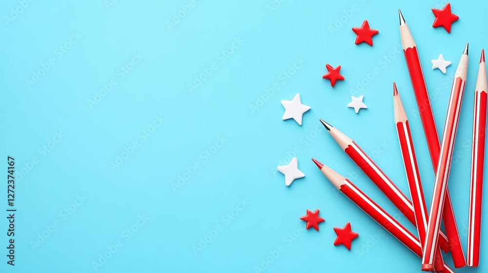 Obraz premium Colorful Red Pens and White Stars Arranged on Bright Blue Background for Creative Atmosphere