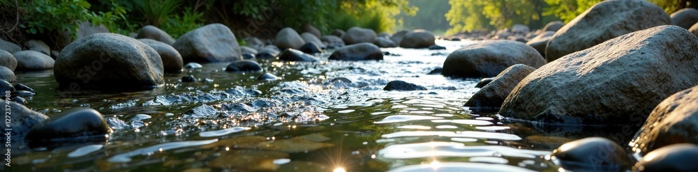 Fototapeta premium River flowing over smooth boulders and pebbles, river, calming, gentle