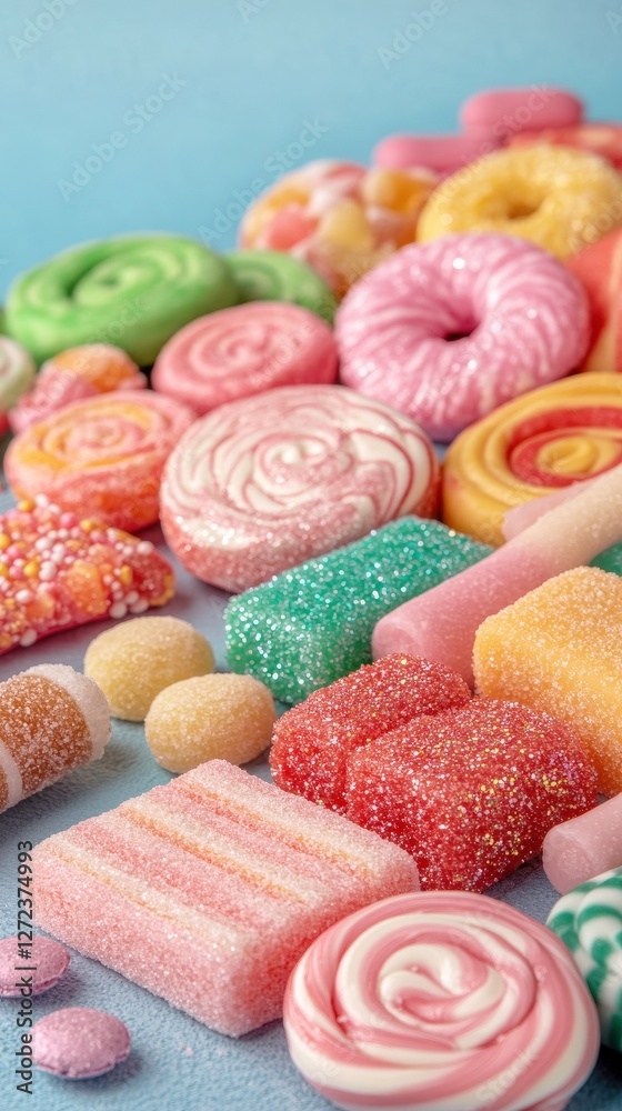 Fototapeta premium Assorted candies lay flat on a blue background, shot for holiday treats, a blog post, or a brochure