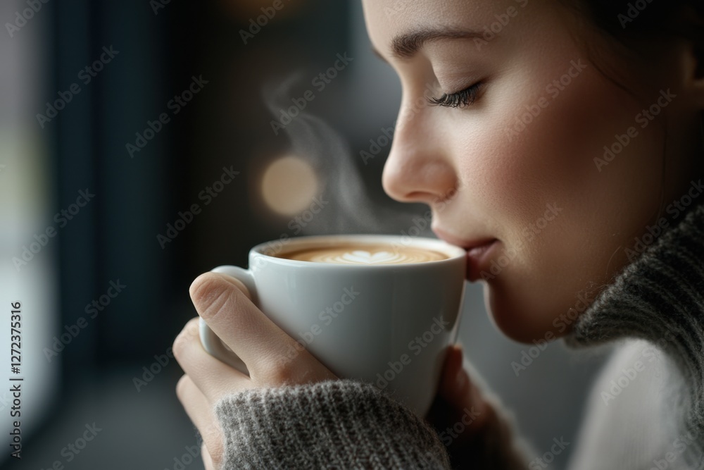 custom made wallpaper toronto digitalWoman enjoying a hot cup of white coffee, slight smile as she takes a sip, close-up with smooth depth of field, inviting and heartwarming composition