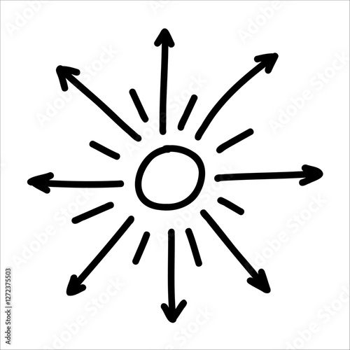 Hand drawn sun with rays arrow design in doodle. Cute illustration of sun ray arrow, perfect for adding playful touch to kids art. Ideal sun ray arrows design for cheerful decorations, projects. Arrow
