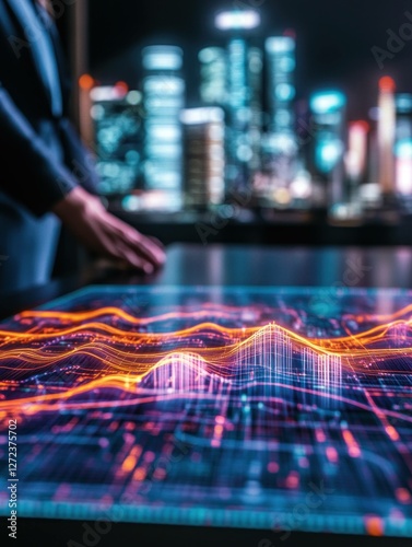 Wallpaper Mural Business professional analyzing data trends on a futuristic interface with a city skyline backdrop, conveying innovation and technology, featuring vibrant colors Torontodigital.ca