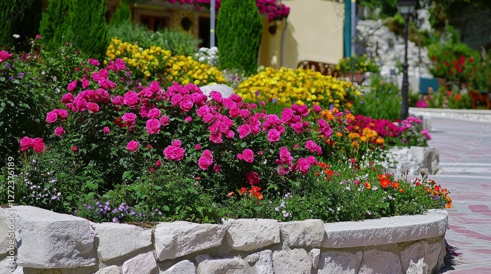 Naklejka premium Blooming flowers in a garden, with decorative rocks, next to a building, ideal for promoting tourism