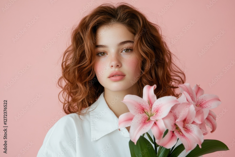 Young woman with wavy hair holding a bouquet of pink lilies, posing confidently in a pastel pink studio, soft-focus edges creating a dreamy effect, high-resolution sharpness Young woman with wavy hair holding a bouquet of pink lilies, posing confidently in a pastel pink studio, soft-focus edges creating a dreamy effect, high-resolution sharpness