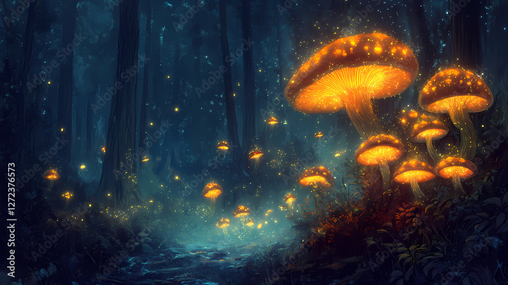 Obraz premium Glowing mushrooms, fireflies, night forest, fantasy, art. Bioluminescent Forest Spirits. Illustration