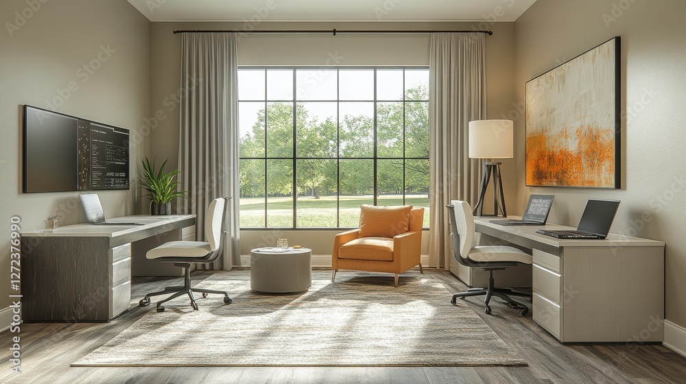 Fototapeta premium Bright home office with two desks, computers, and a view of the park, for remote work setup