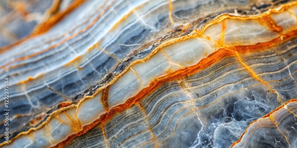 Fototapeta premium Macro Photography: Polished Gray & White Stone with Orange Veins - Natural Geological Texture