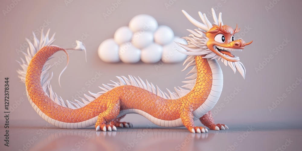 Obraz premium Cartoon Dragon, Clouds Background, Digital Art, Decorative