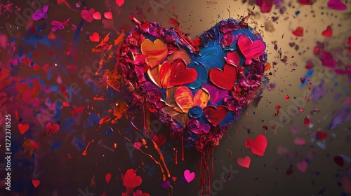 Colorful heart made of vibrant flowers and hearts, featuring a rich crimson and blue color palette, perfect for Valentine s Day celebrations and love themed events