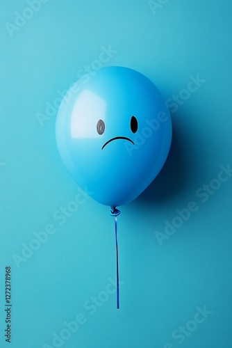 A single blue balloon with a sad face floats against a vibrant blue background.  A simple yet poignant image.