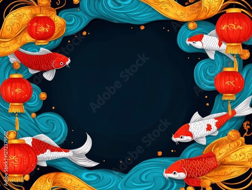 Chinese New Year koi fishes swimming around red lanterns with blue waves for holiday background