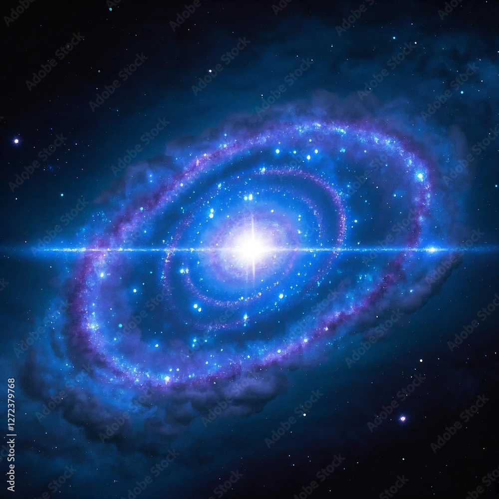 Obraz premium A blue and white spiral galaxy with a bright yellow star in the center. The galaxy is surrounded by a blue and purple halo