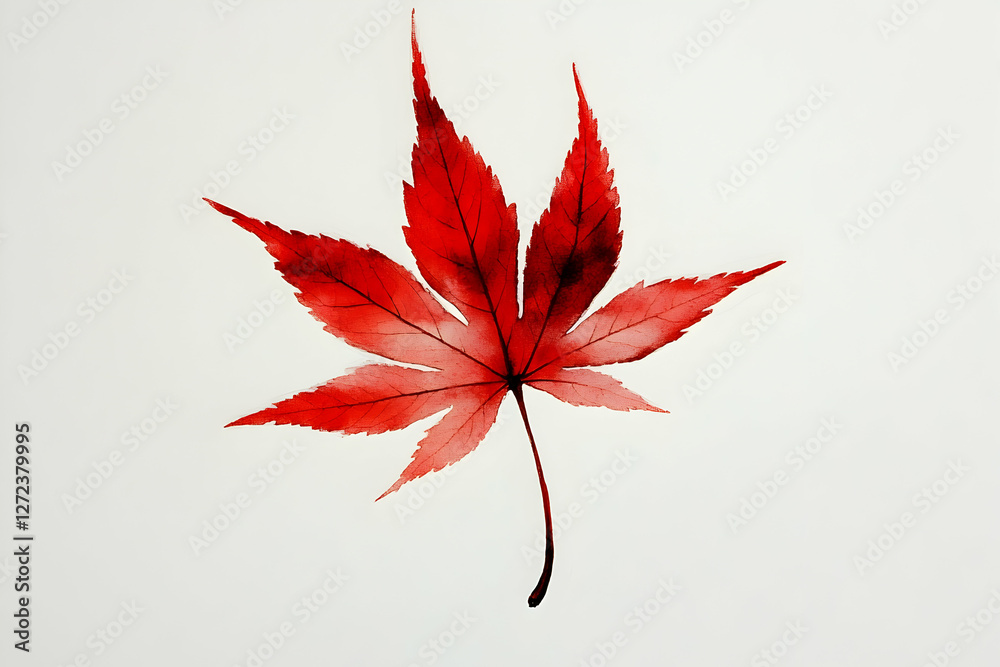 Vibrant red maple leaf isolated against a clean white background
