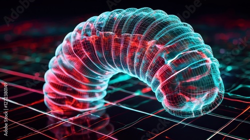 A holographic-style depiction of Campylobacter jejuni, with its spiral shape highlighted by translucent layers, overlaid with futuristic glowing grids, digital illustration in a high-tech aesthet photo