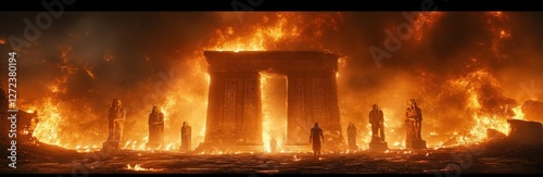 Ancient Assyrian Statues Flames Cuneiform Inscriptions Mesopotamian Civilization