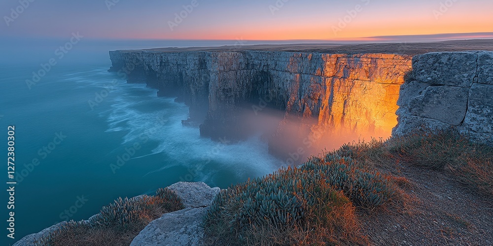 Naklejka premium Cliff landscape at sunset above the sea, fog rolling in for tourism posters